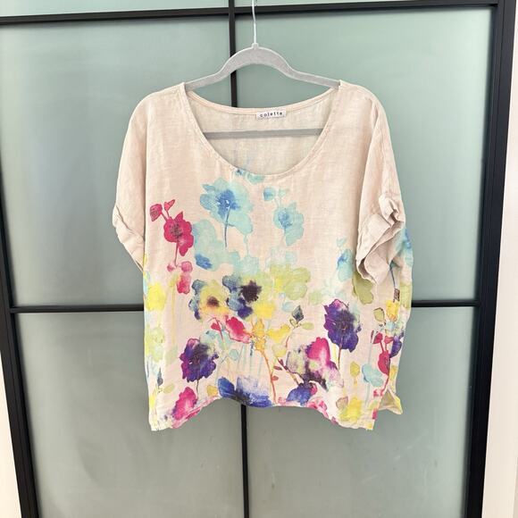 Italian Linen Colette Blouse Women’s Size M Watercolor Boxy Lagenlook Gray - Picture 9 of 10